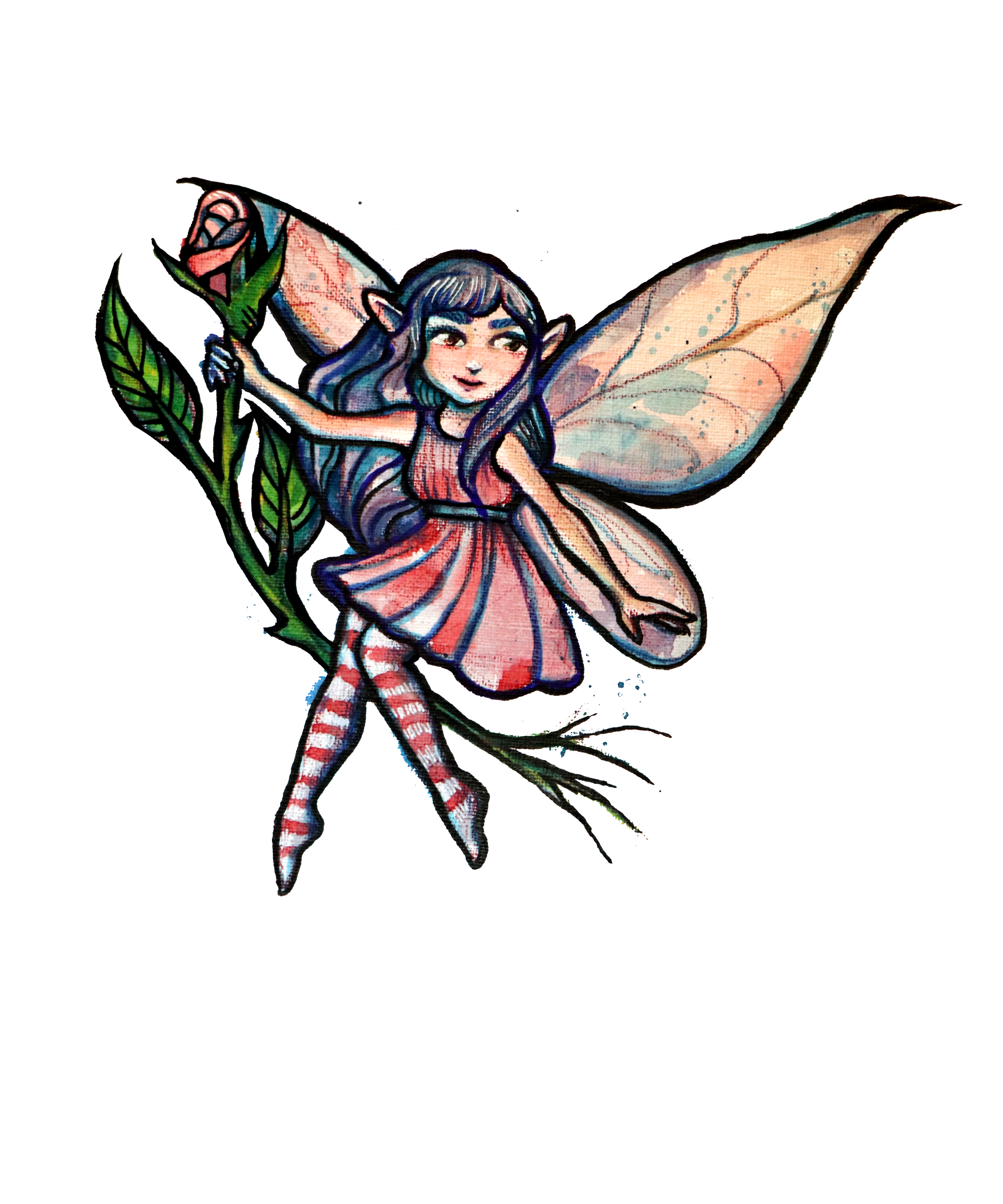 A colorful illustration of a fairy with purple hair and butterfly-like wings sitting on a branch, holding a pink rose.
