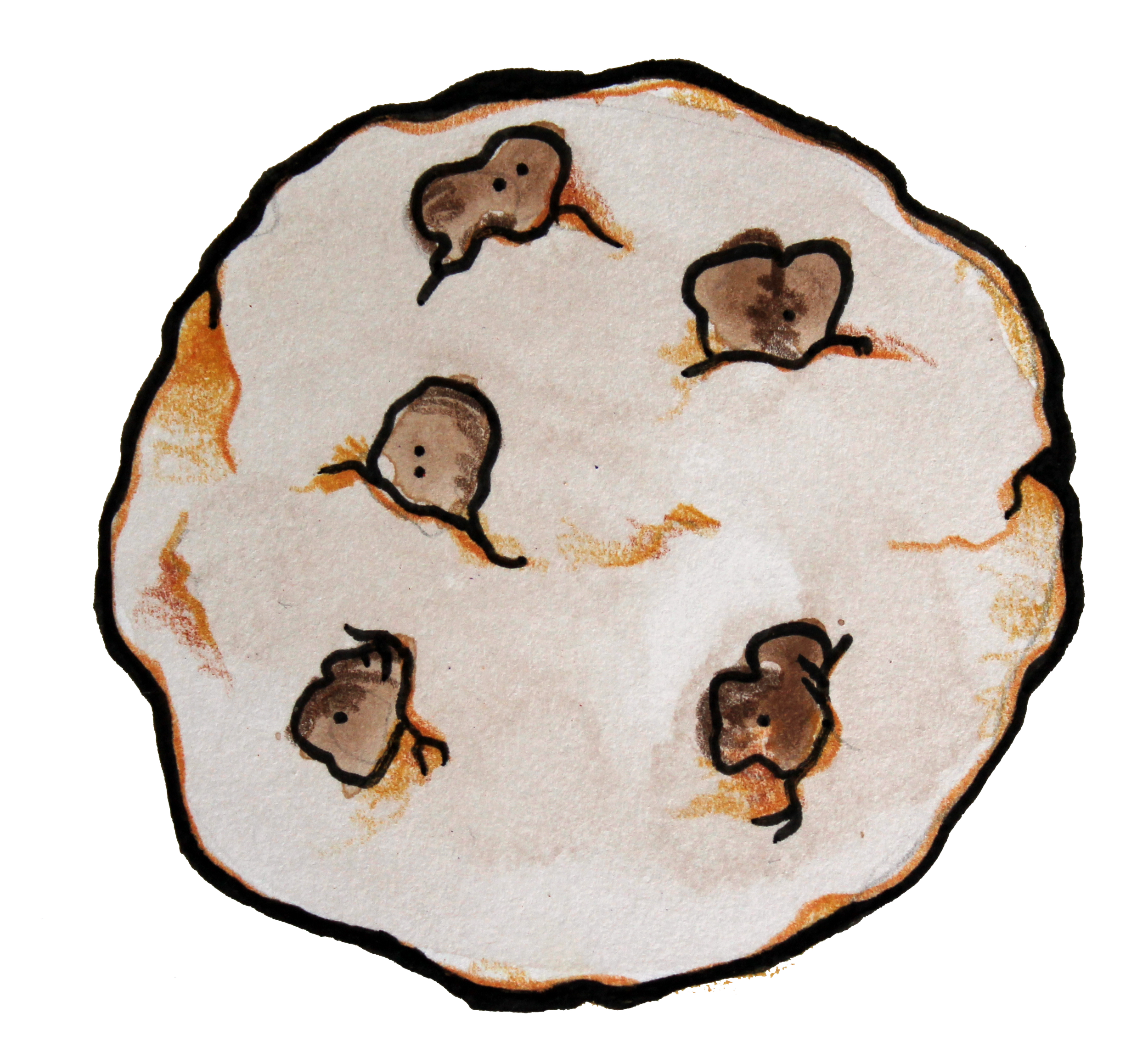 Hand-drawn illustration of a cookie with chocolate chips and five small mice on top.