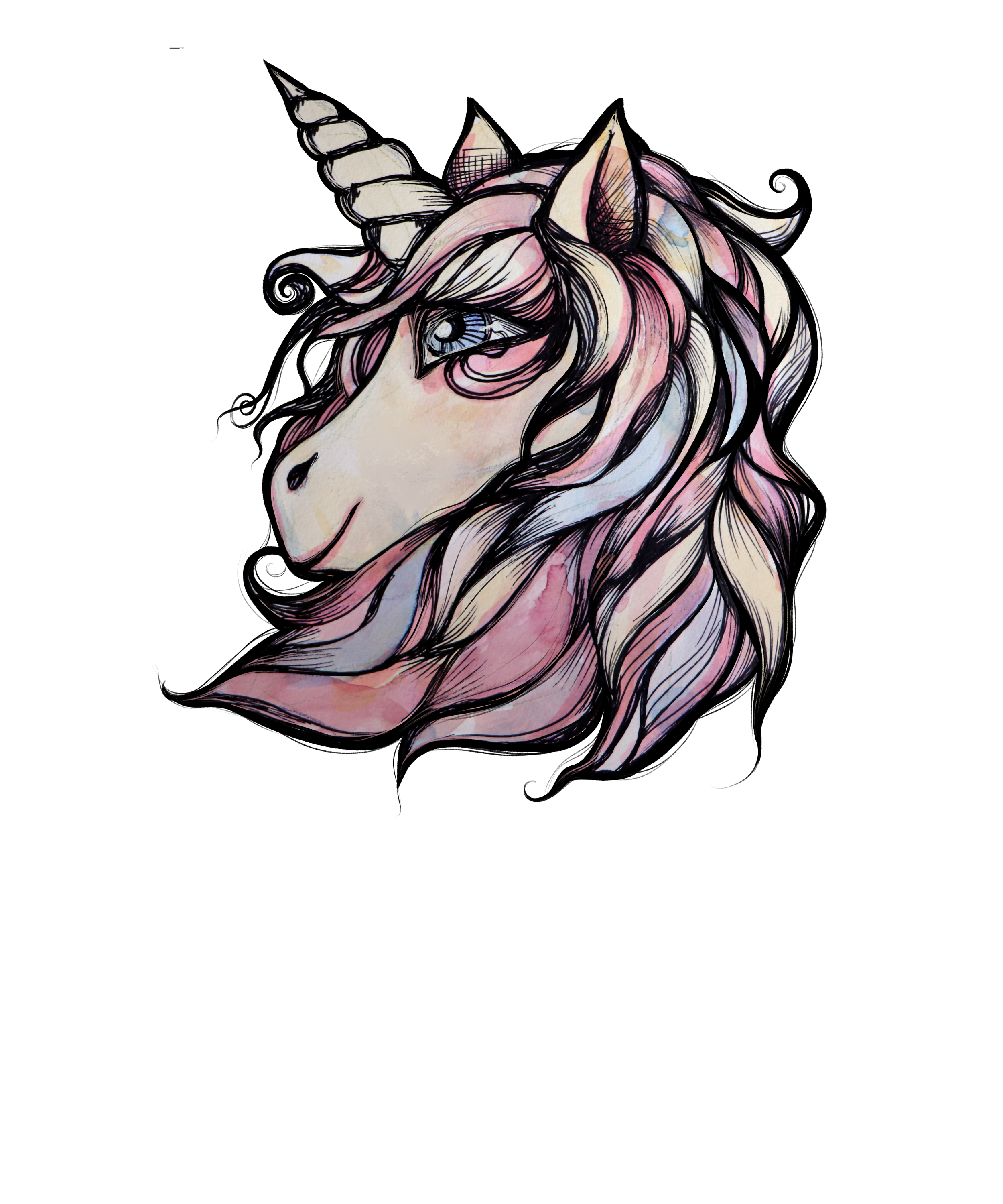 Colorful illustration of a unicorn's head with flowing pastel-colored mane and a spiraled horn, set against a black background.