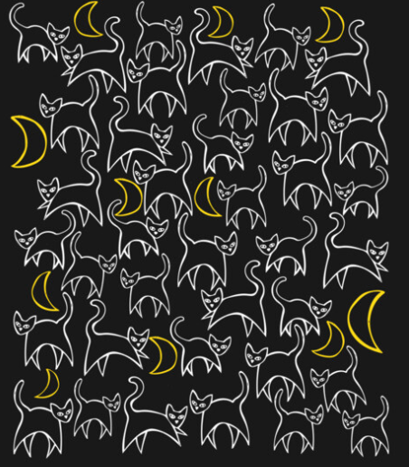 Pattern of white outlined cats and yellow crescent moons on a black background.