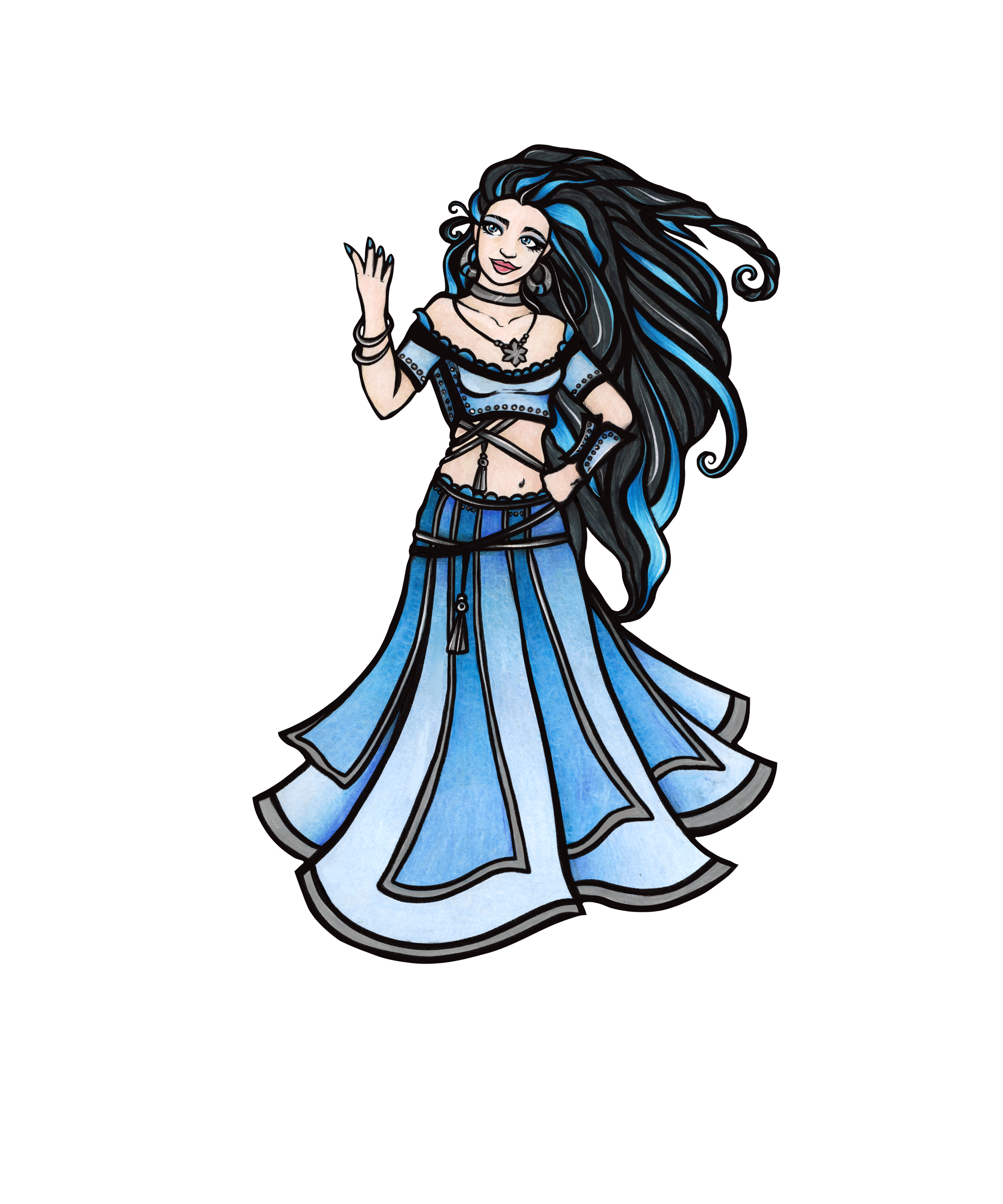 Digital art of a woman with long flowing dark hair and blue highlights, dressed in a bohemian style blue skirt and top, waving with a gentle smile.