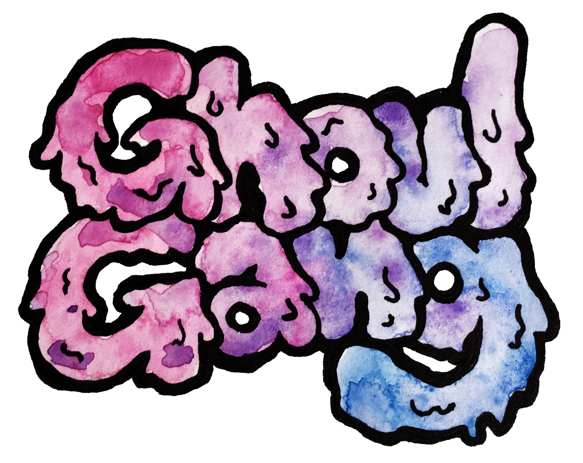 Watercolor illustration of pastel-colored gummy bear candies in pink, purple, and blue with black outlining on a gray background.