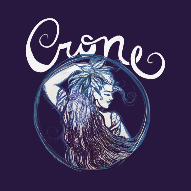 An illustration of a woman with long, flowing hair inside a circular frame. The woman has a serene expression, her eyes closed, and one arm raised above her head. The background is dark purple, and the word "Crown" is written in white cursive text at