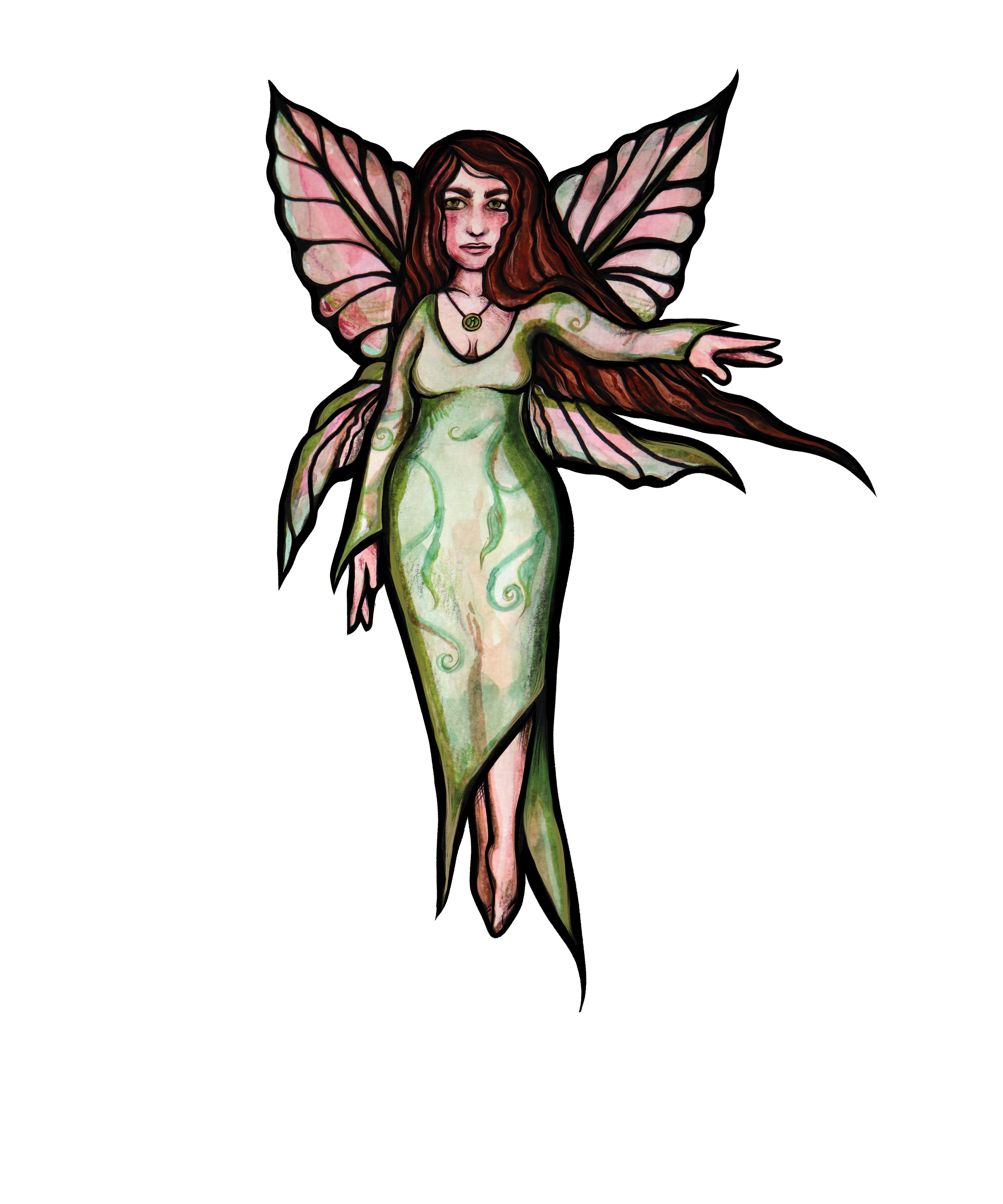 Fantasy fairy with butterfly wings and green dress standing against black background.