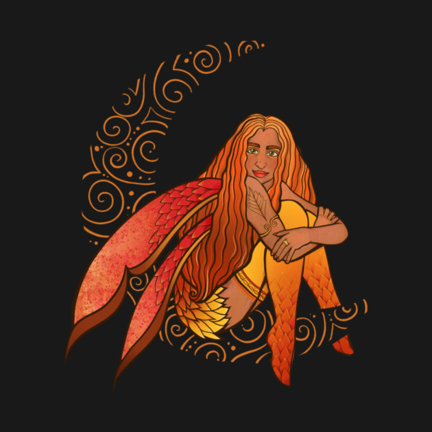 Illustration of a woman with long orange hair, mermaid tail, and wings, surrounded by decorative swirls on a black background.