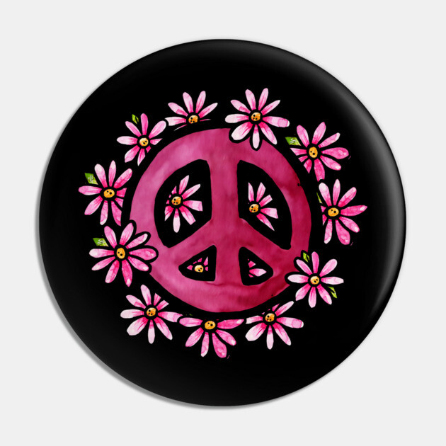 Pink peace symbol surrounded by pink flowers on a black background.