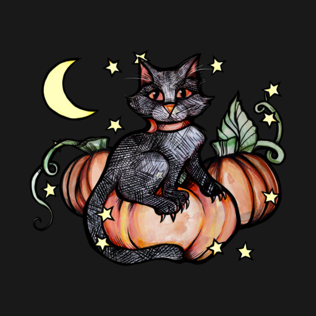 A black cat with orange eyes sitting on pumpkins, surrounded by stars, with a moon and leaves in the background, on a dark background.