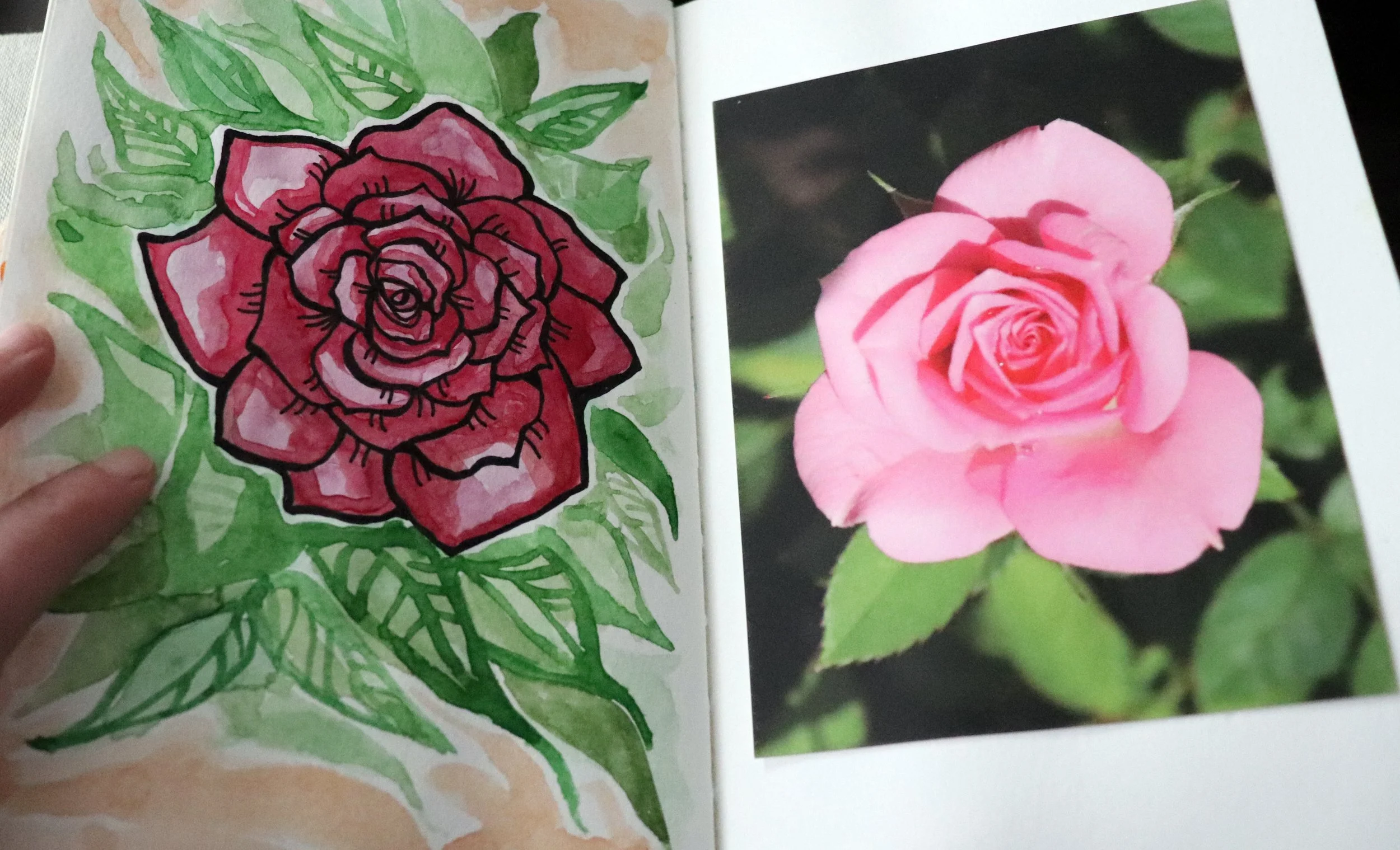 A side-by-side comparison of a photo of a pink rose and a drawing or painting of a similar pink rose with green leaves.