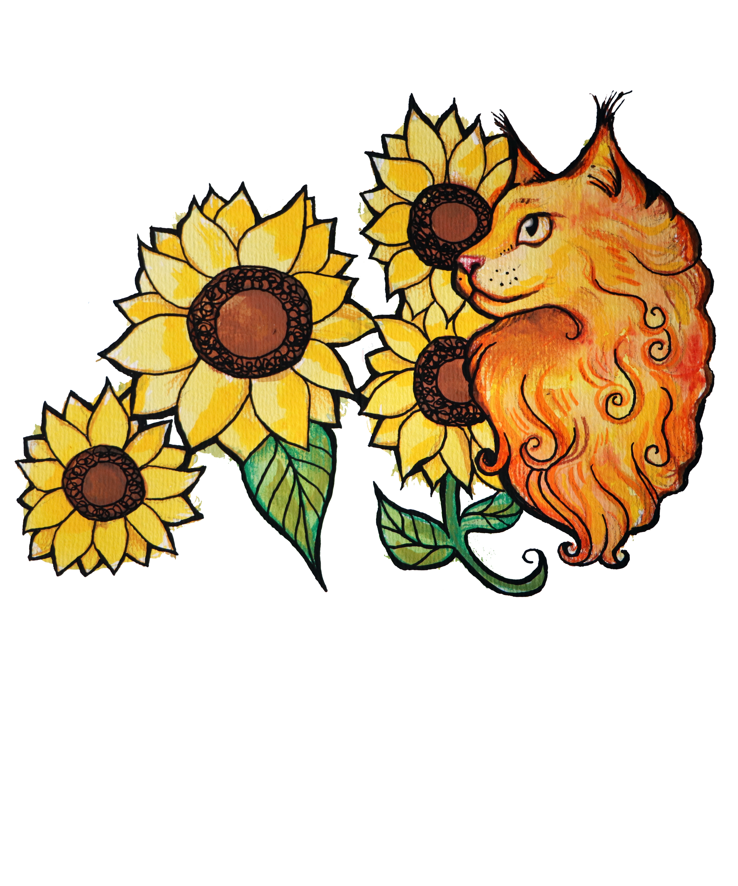 Watercolor painting of a lion with orange and yellow fur, one eye covered with a sunflower, surrounded by more sunflowers and green leaves.