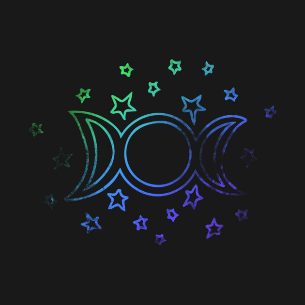 Neon outline of triple moon goddess symbol  with stars surrounding it on a black background.