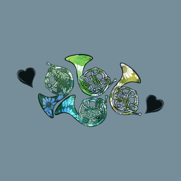 Stylized illustration of four French horns with floral patterns and two black hearts on a gray background.