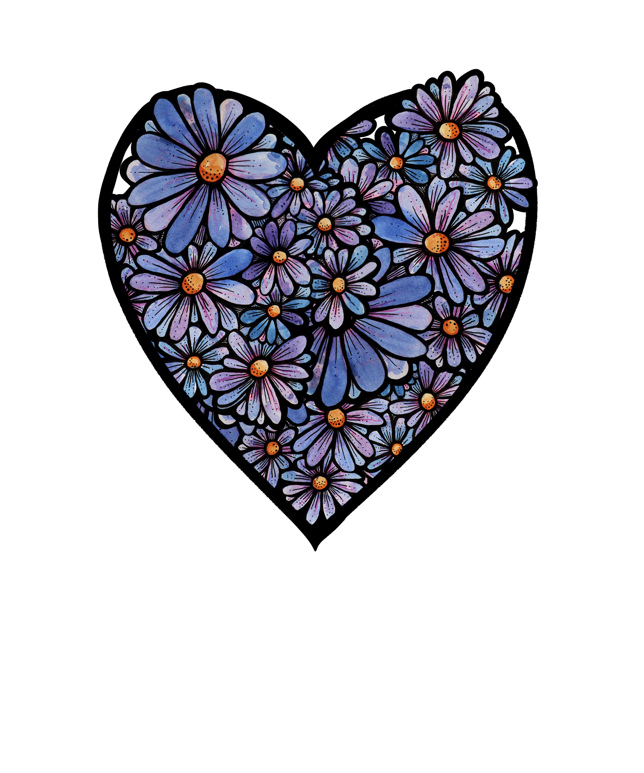 A heart shape filled with purple, pink, and blue daisies on a black background.