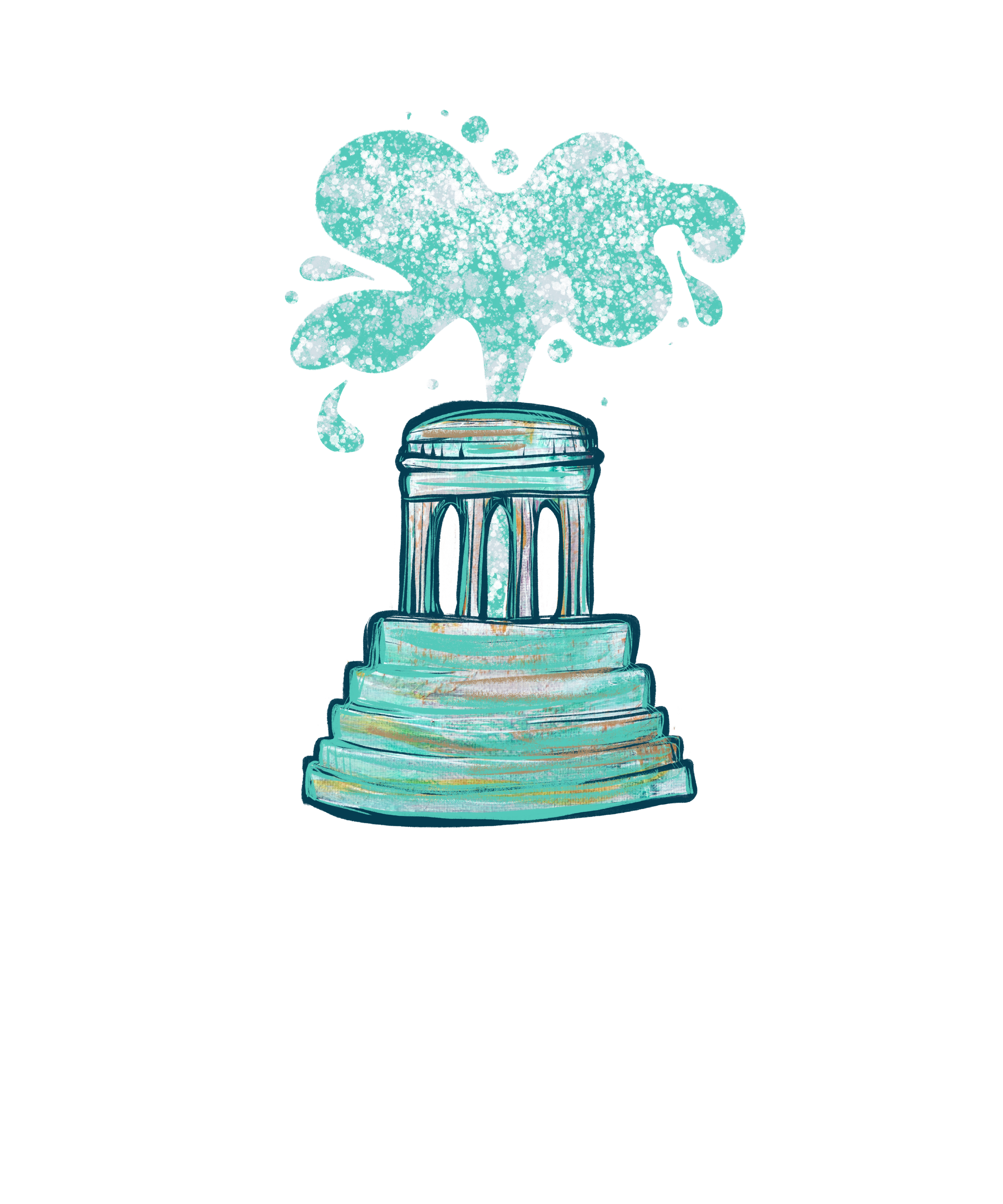 Illustration of a monument with a teal-colored base and steps, topped with a small dome and columns, with blue splashes of paint or ink emerging above it.