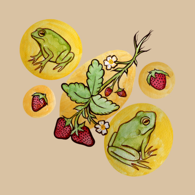 Illustration of strawberry plants with ripe strawberries and white flowers, two green frogs, and round yellow backgrounds.
