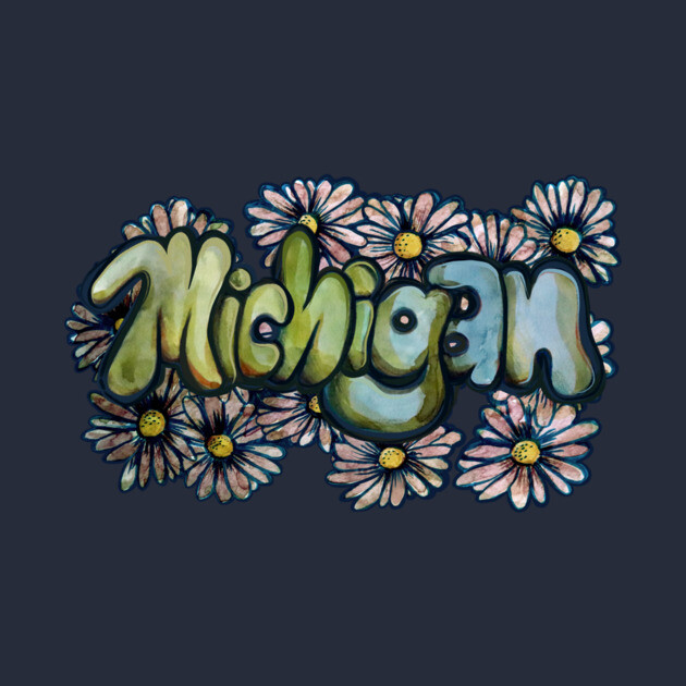 Colorful graffiti-style art spelling 'Michigan' surrounded by pink daisies on a dark background.