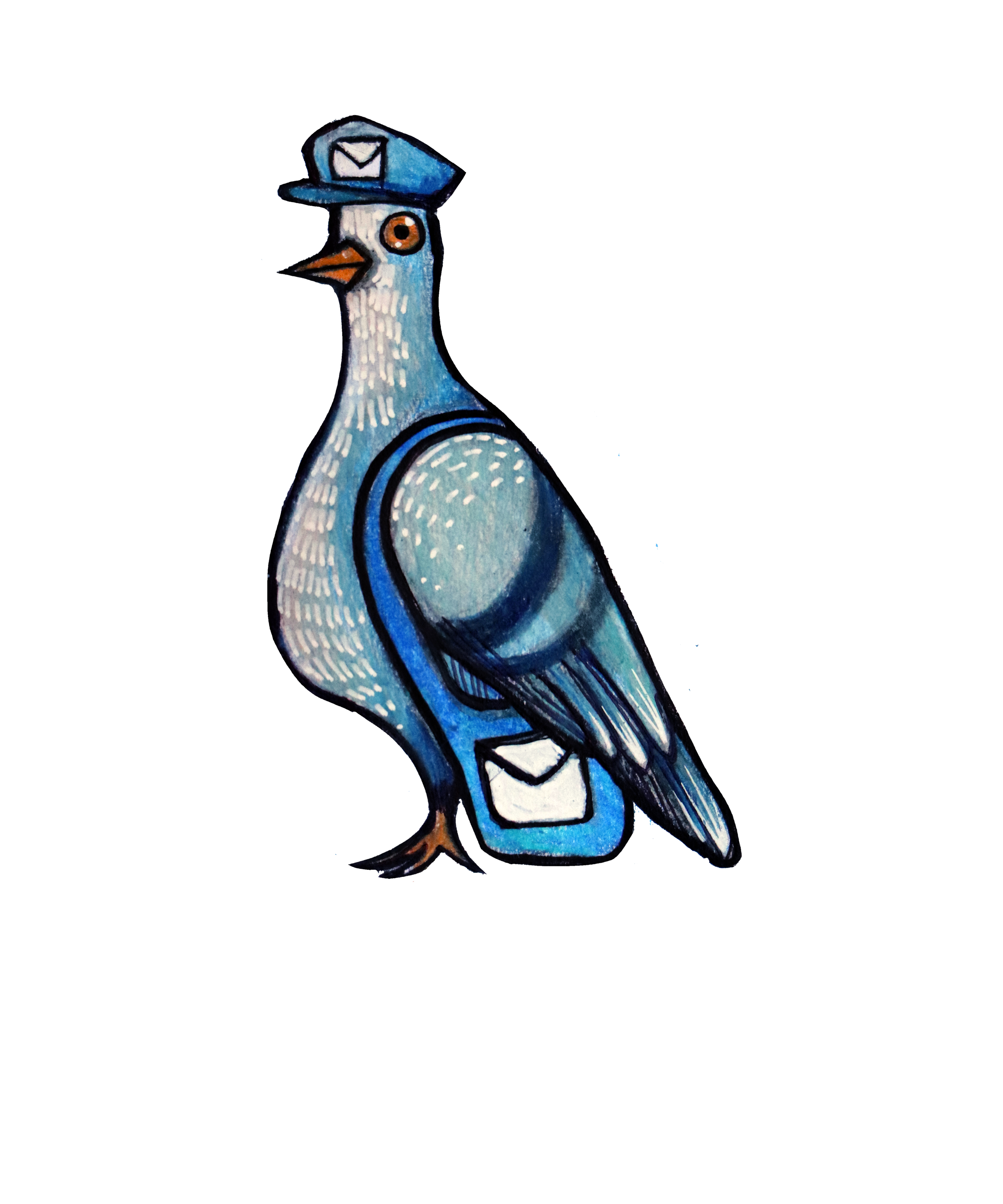 Illustration of a pigeon wearing a postal worker's hat and carrying mail, with postal envelopes on its body and tail.