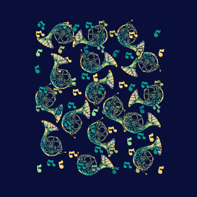 Pattern of French horns and musical notes on a dark background.