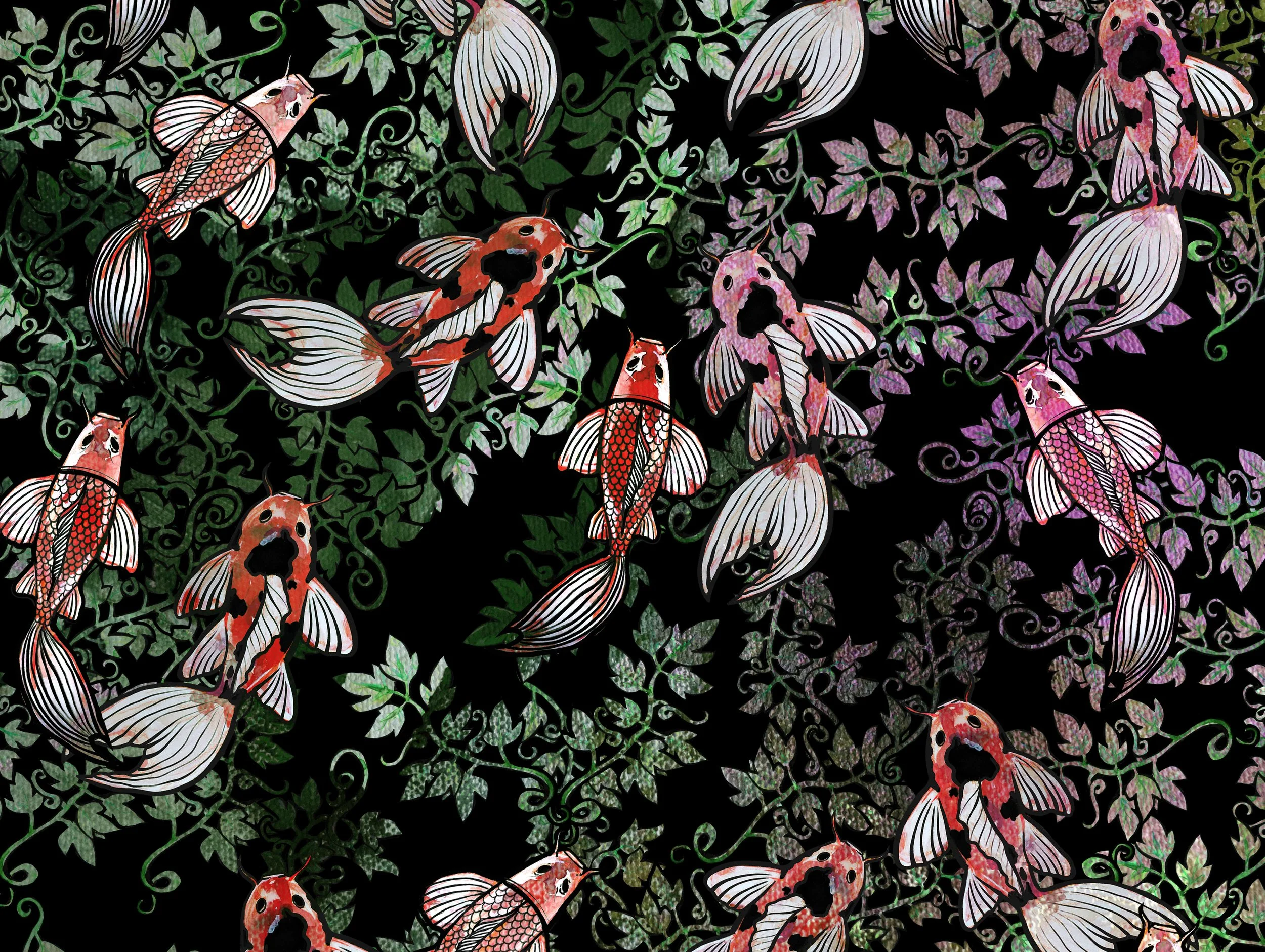 Colorful artistic pattern featuring koi fish swimming among green and purple leaves and vines on a black background.