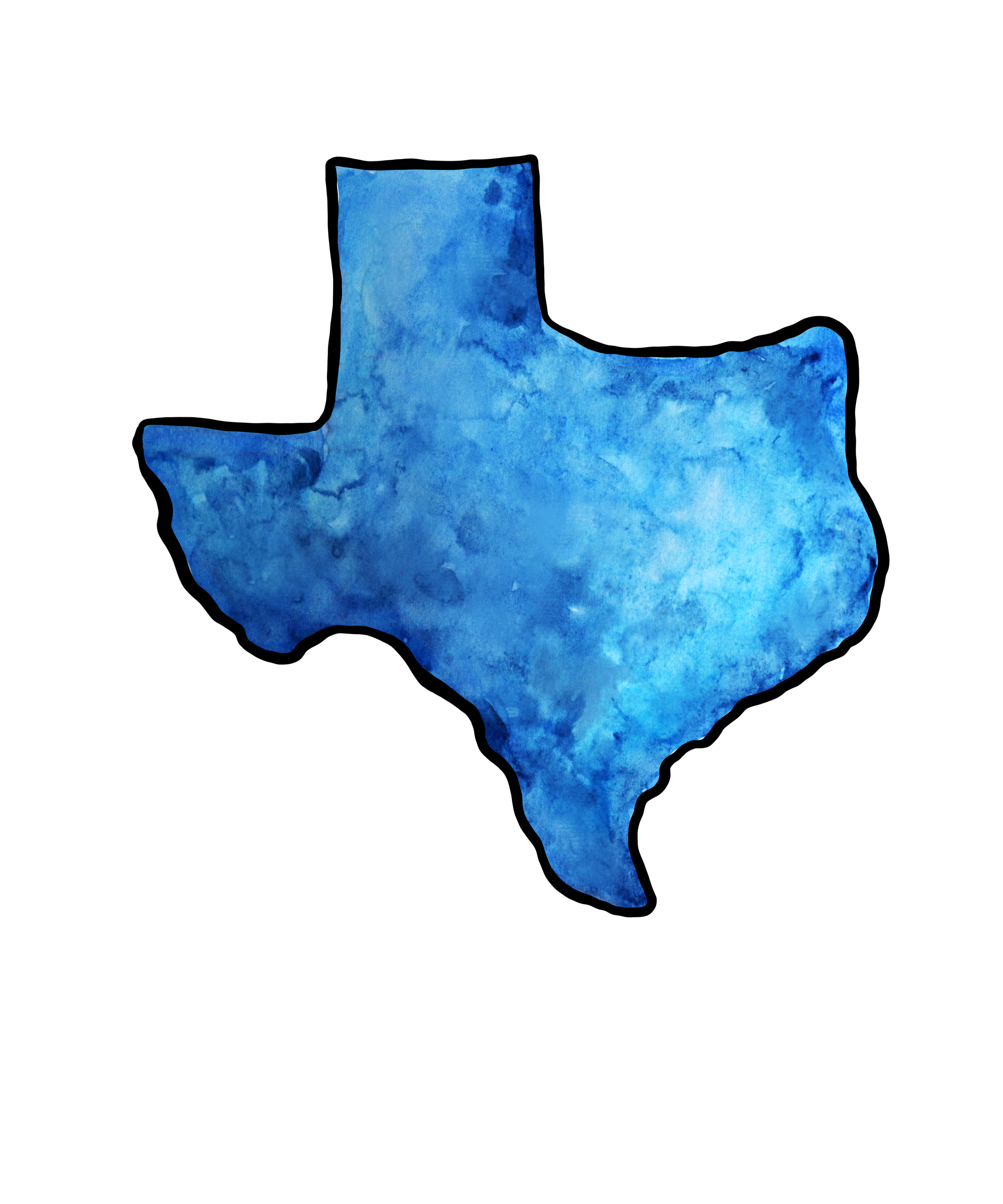 Watercolor map of Texas in shades of blue.