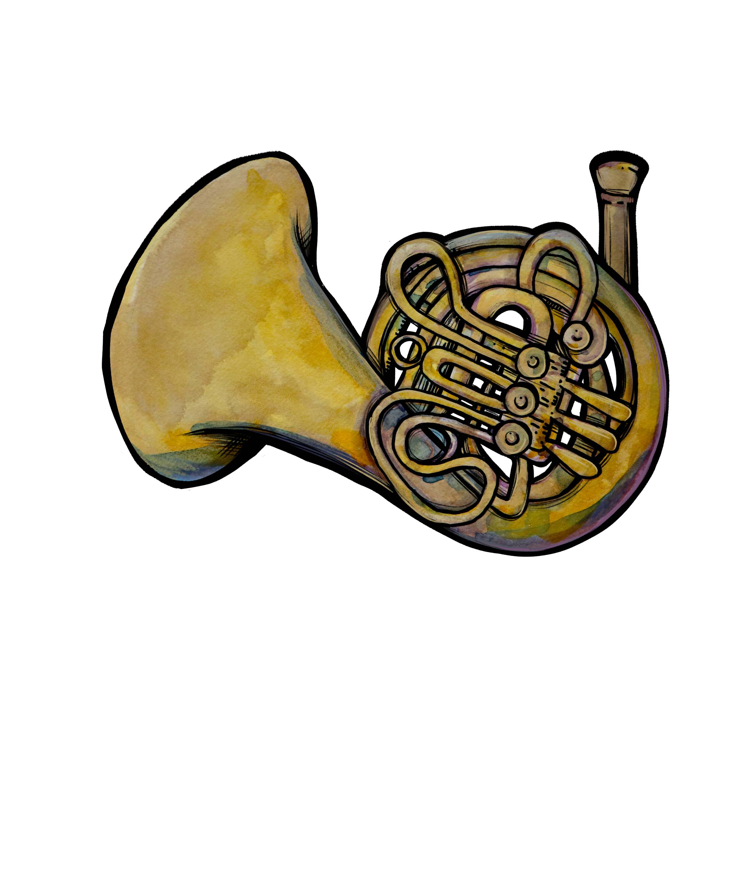 Watercolor painting of a French horn with a black background.