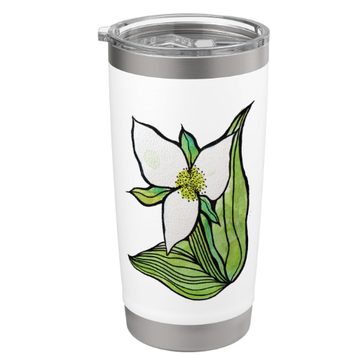Travel mug featuring a white flower with green leaves and yellow center, and a clear lid.