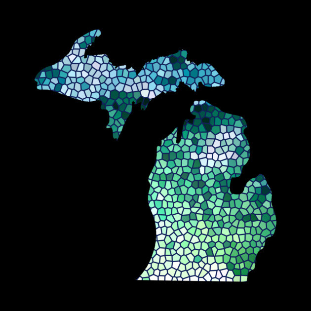 Stylized mosaic map of Michigan with the Upper and Lower Peninsulas on a black background.