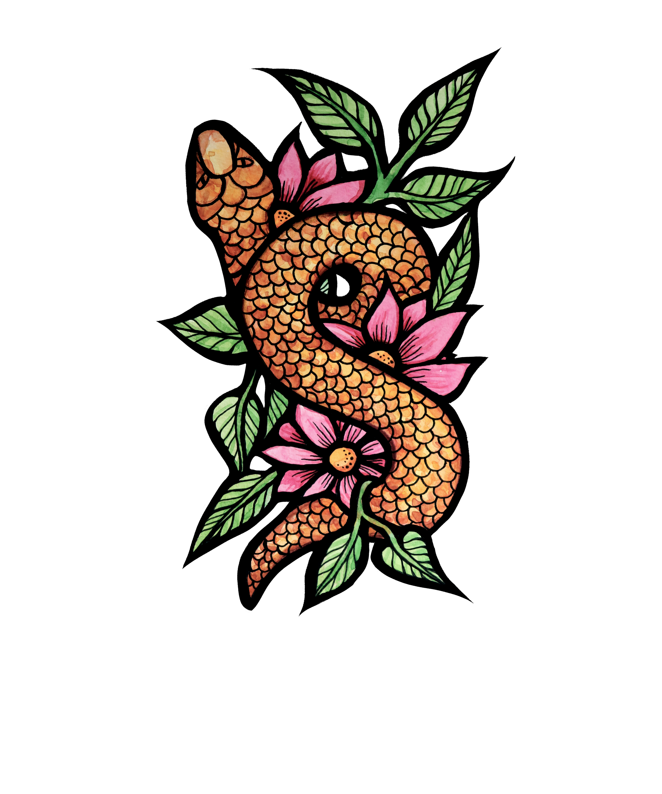Colorful illustration of a number nine with a snake body, surrounded by pink flowers, green leaves, on a black background.