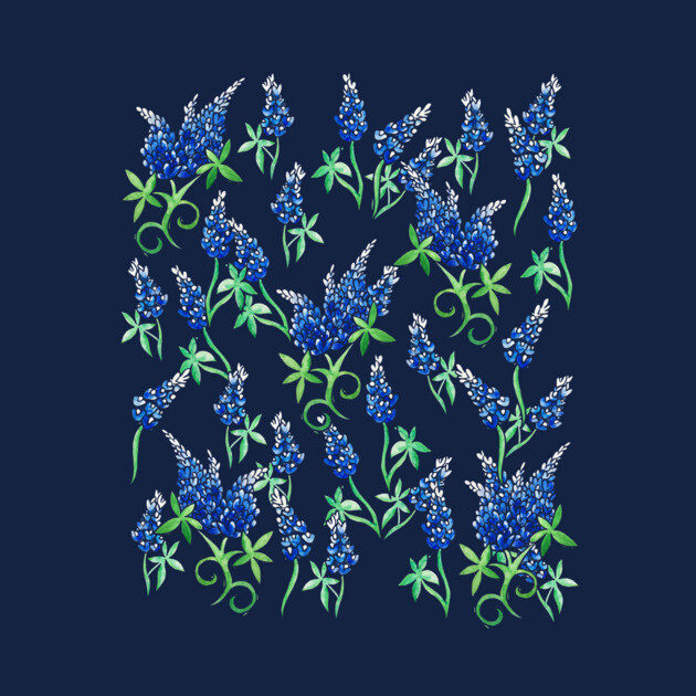 Pattern of blue and white texas bluebonnet flowers with green leaves on dark background.