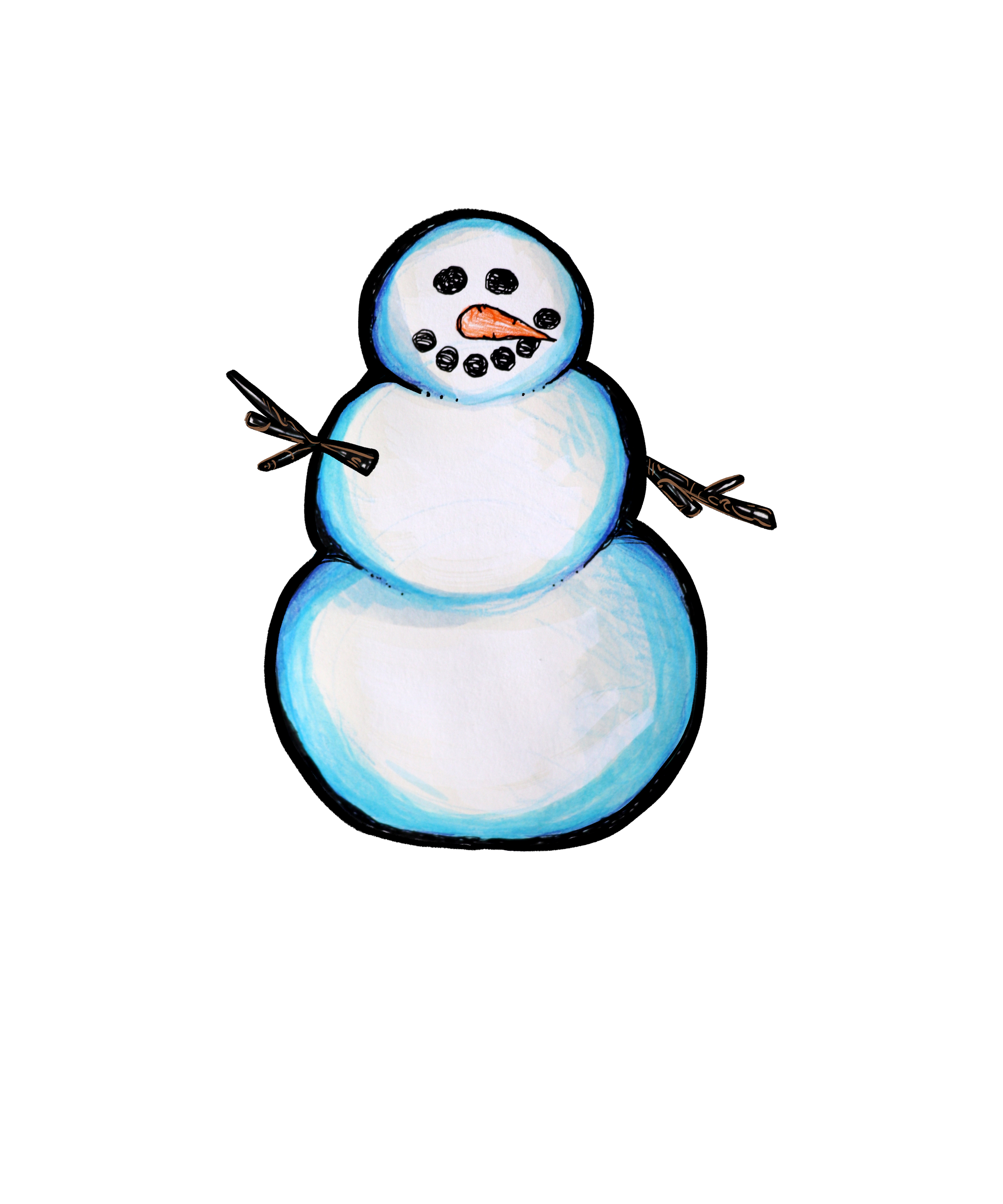 Drawing of a snowman with a three-dimensional body, carrot nose, and sticks for arms, set against a black background.