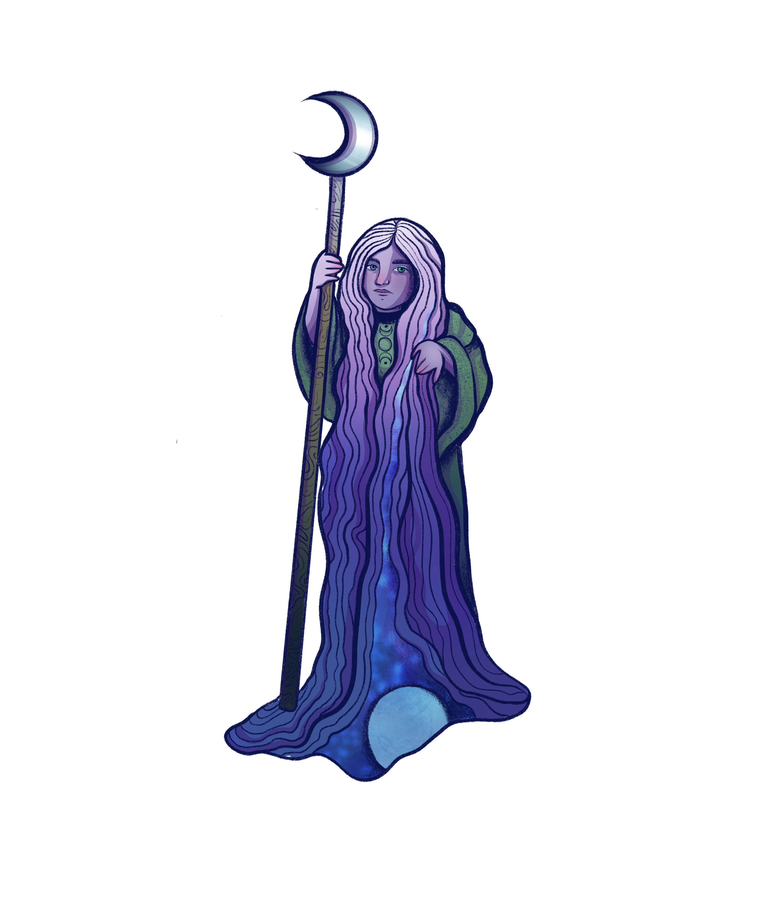 A digital illustration of a young witch with long, flowing purple hair, holding a staff with a crescent moon at the top. She wears a long, dark robe and stands against a dark background with a glowing moon at her feet.