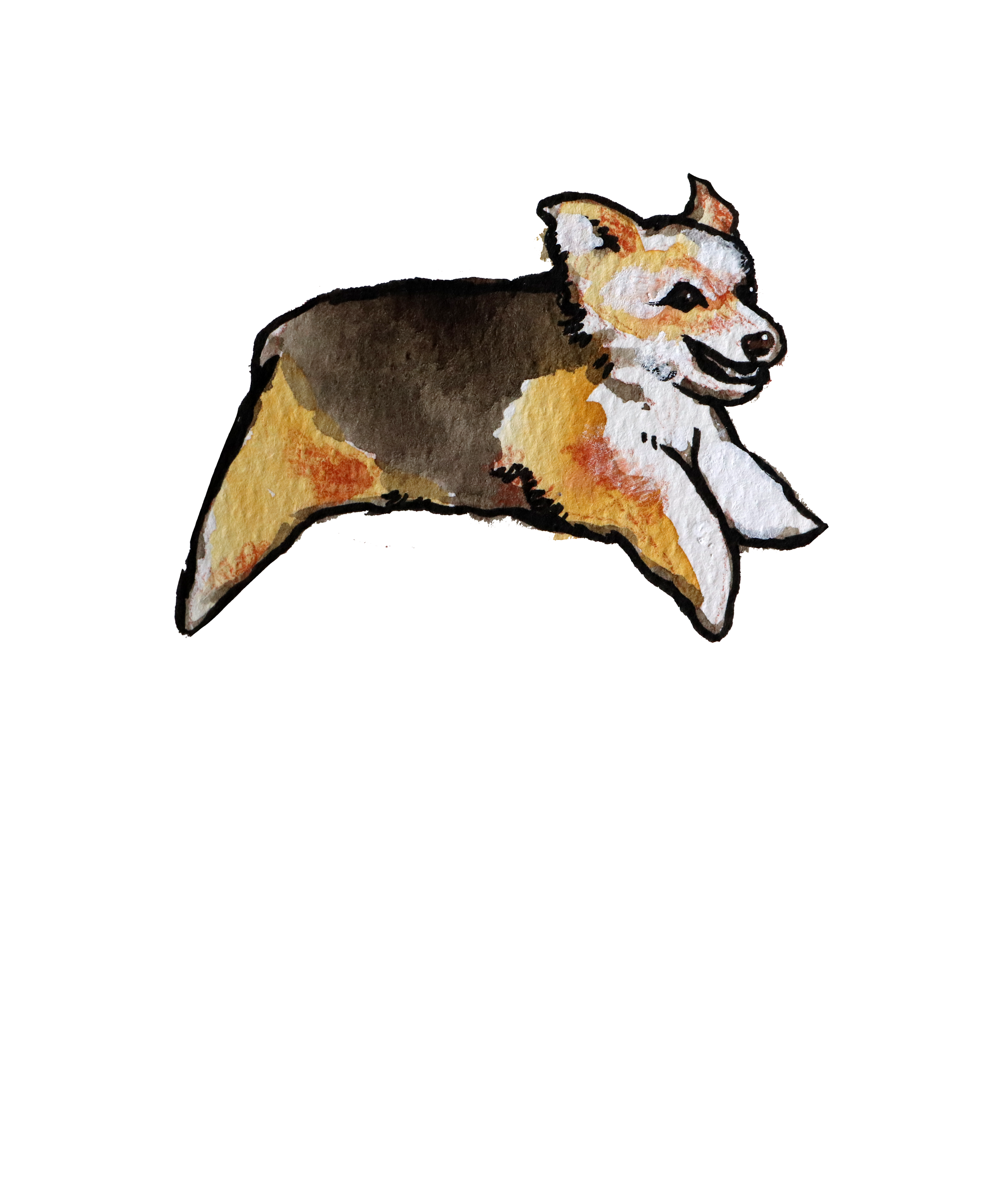 A watercolor painting of a smiling dog, possibly a Shetland Sheepdog, with a black, brown, and white coat, standing against a plain background.