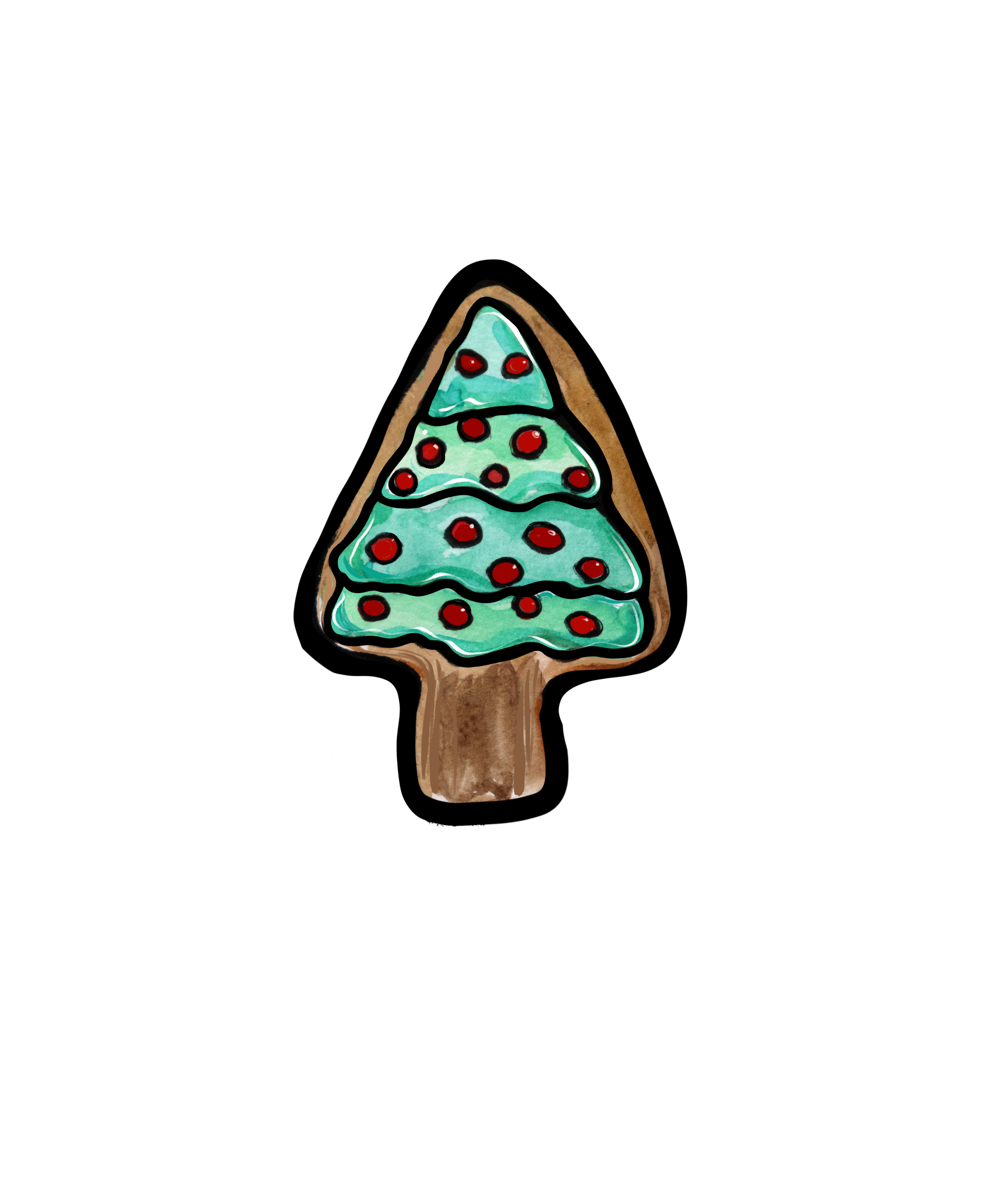 A drawing of a Christmas tree-shaped cookie decorated with green icing, red dots, and black outlining, with a brown icing base resembling the cookie's trunk.