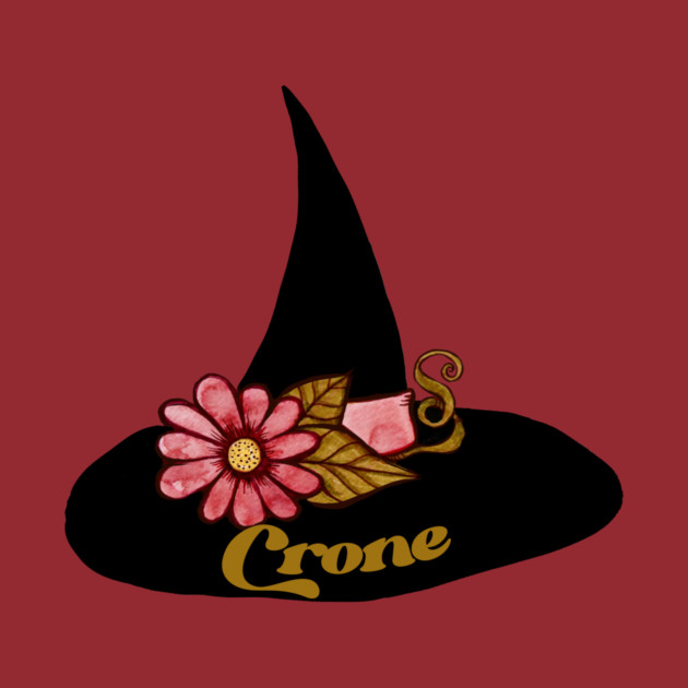 A cartoon illustration of a black witch's hat with a pink flower, green leaves, and the word 'Crone' written in gold.