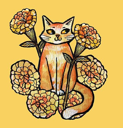 Ginger cat with Marigolds