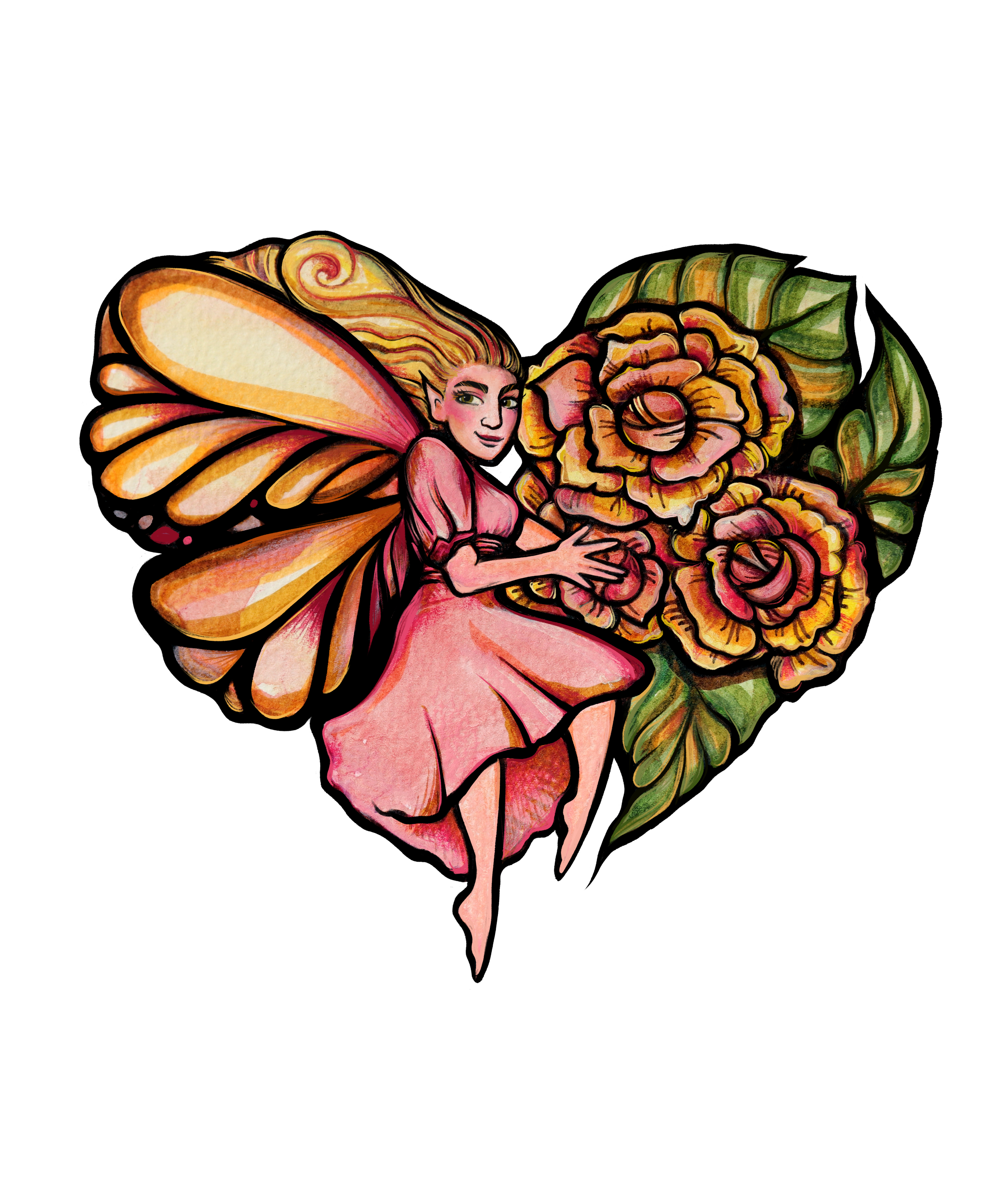 A colorful illustration of a fairy with butterfly wings sitting in front of a bouquet of roses, against a black background.