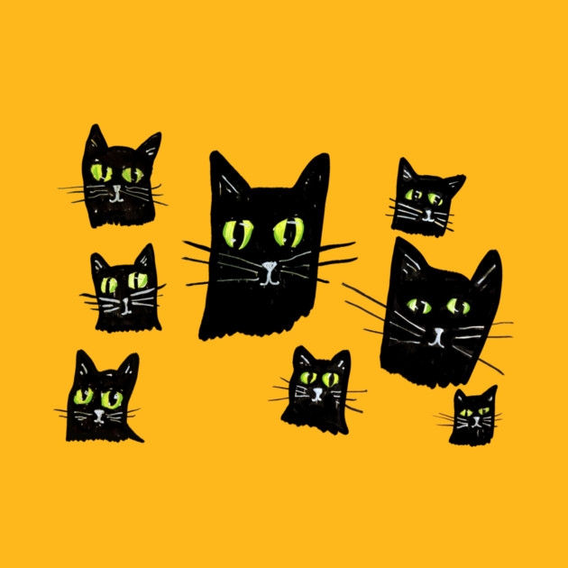 Illustration of nine black cats with green eyes on a yellow background, with varying sizes and expressions.