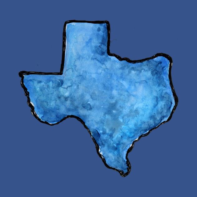 Illustration of the state of Texas in blue watercolor style with a black outline, set against a darker blue background.