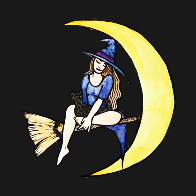 A witch with long hair and a blue dress sitting on a broomstick, holding a black cat, with a large yellow crescent moon in the background, all on a black backdrop.
