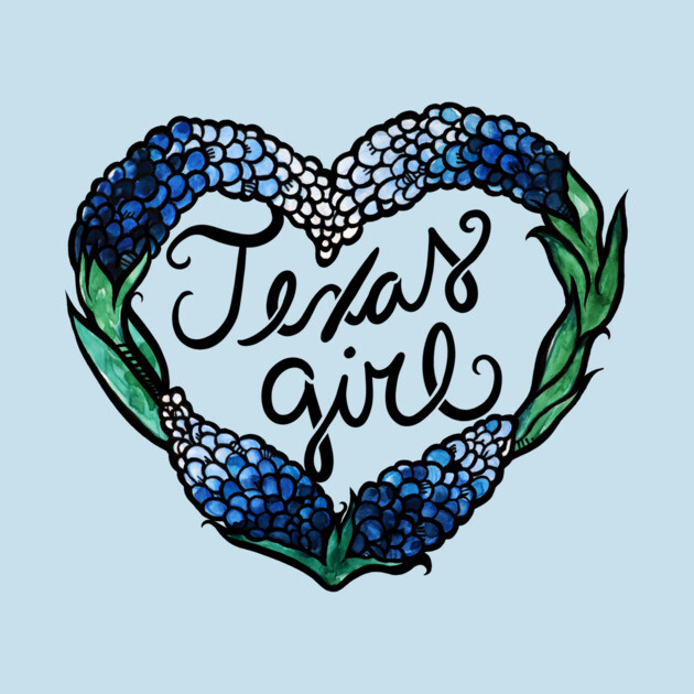 A heart shape made of blue and white flowers texas bluebonnet  with green leaves around the edges, and the text "Texas girl" written inside.