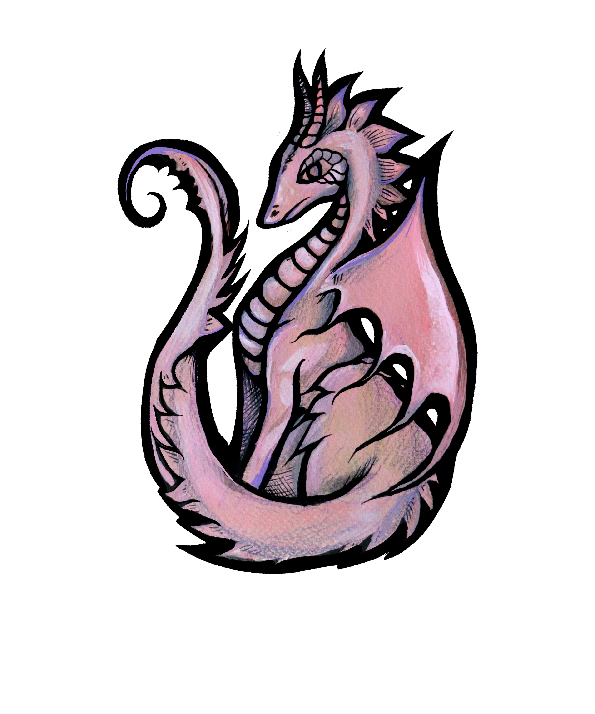 A digital illustration of a pink and purple dragon with sharp features, wings, horns, and an elongated body, set against a black background.