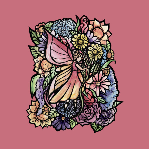 A colorful illustration of a fairy with butterfly wings sitting among various flowers and leaves on a pink background.