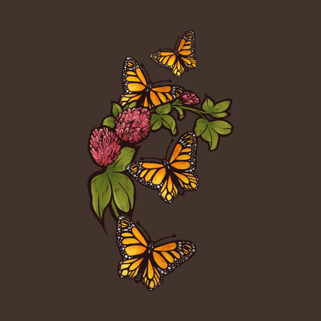 Four Monarch butterflies surrounding pink flowers with green leaves on a dark background.