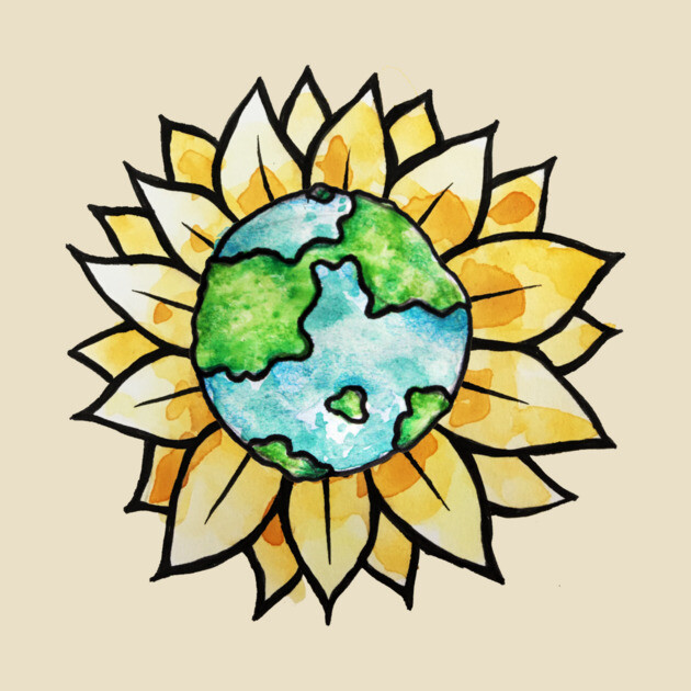 Watercolor illustration of Earth with a sunflower surrounding it.