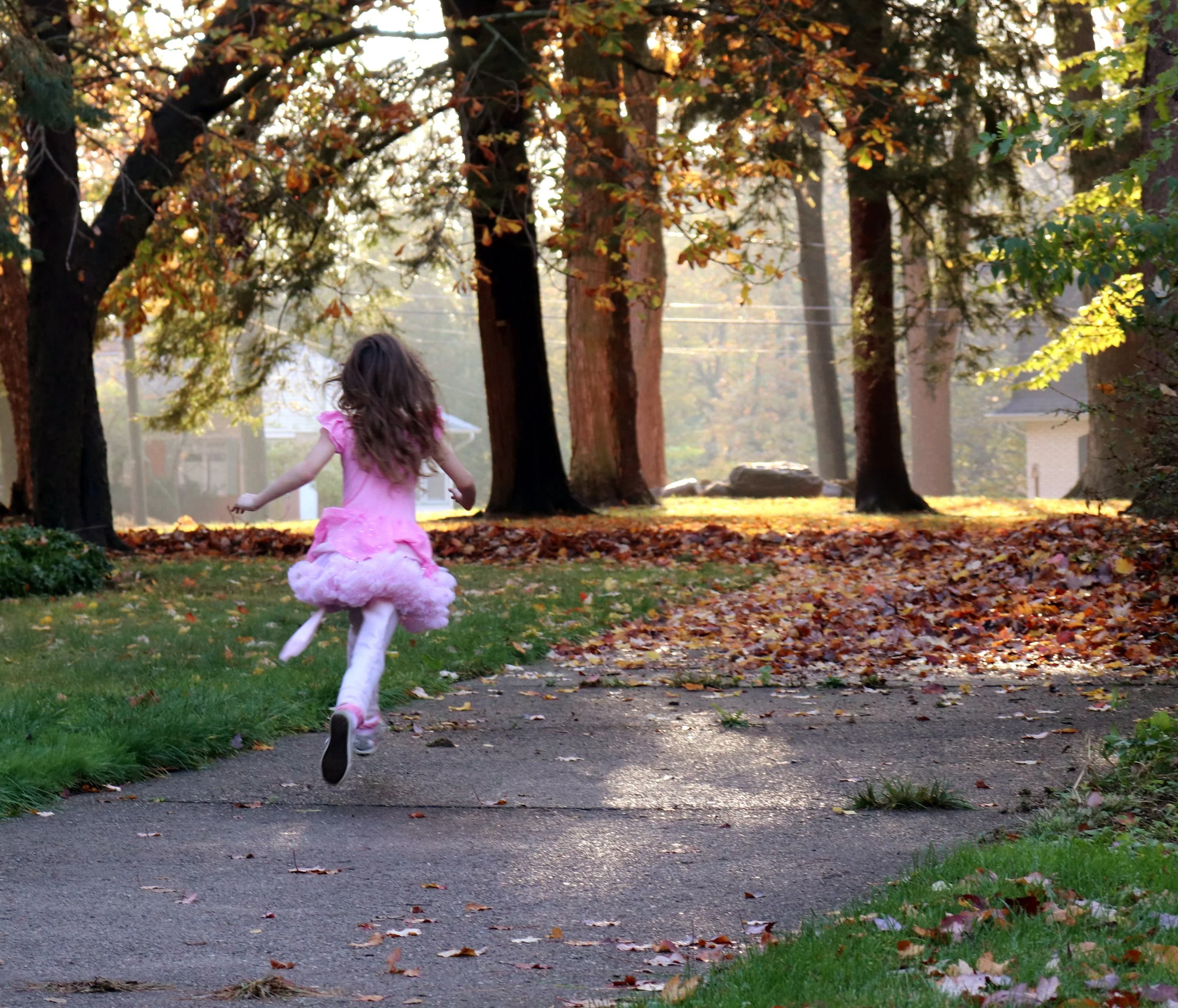 A young girl in a pink dress running through a park during fall, with trees and fallen leaves visible.