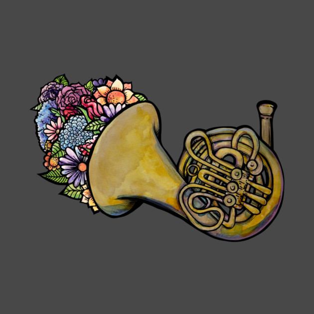 A french horn with a bouquet of colorful flowers emerging from its bell