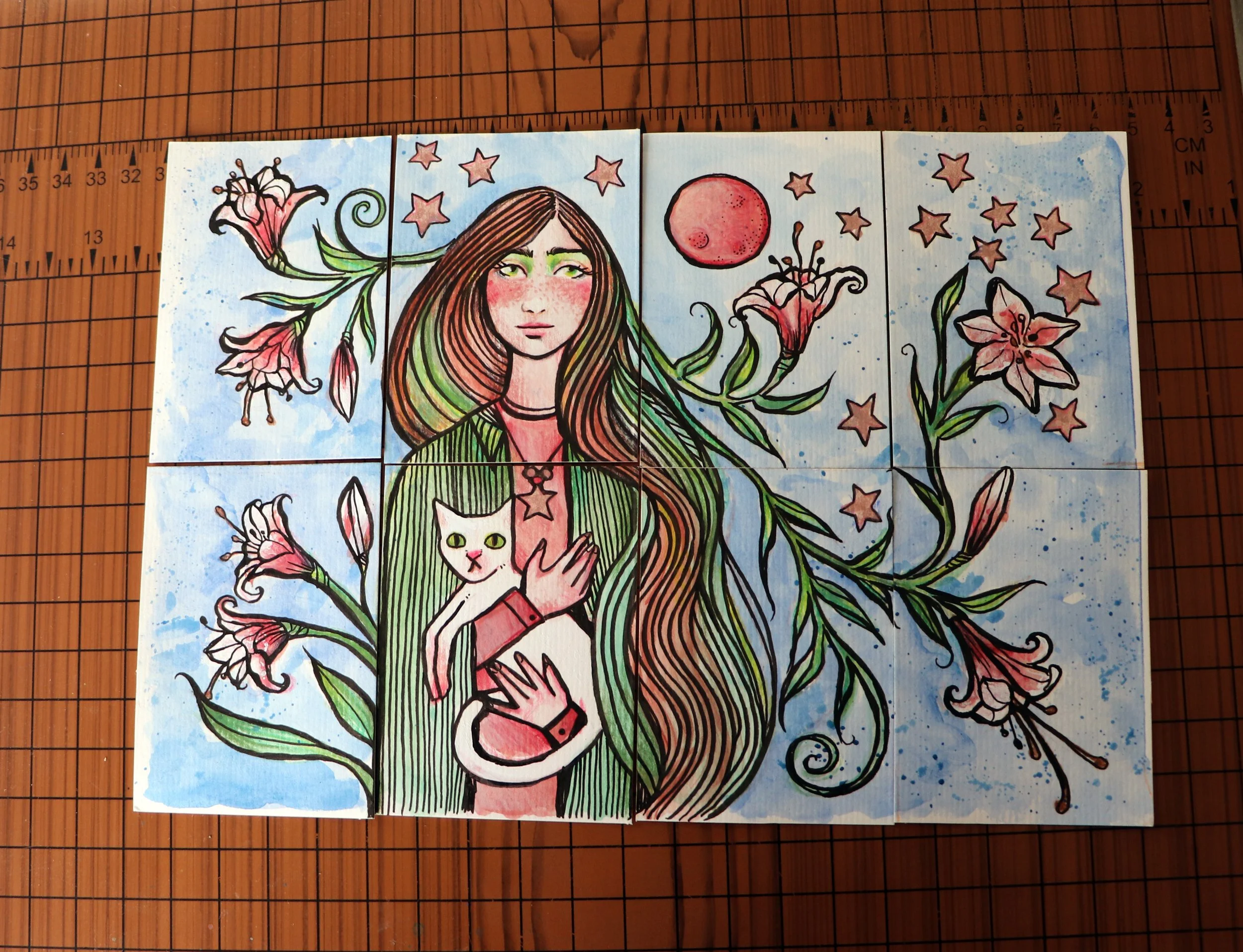 White cat and stargazer lily goddess