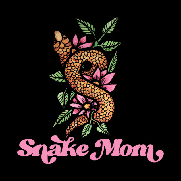 A stylized illustration of a snake coiled around pink flowers and green leaves, with the words "Snake Mom" written in pink cursive font below.