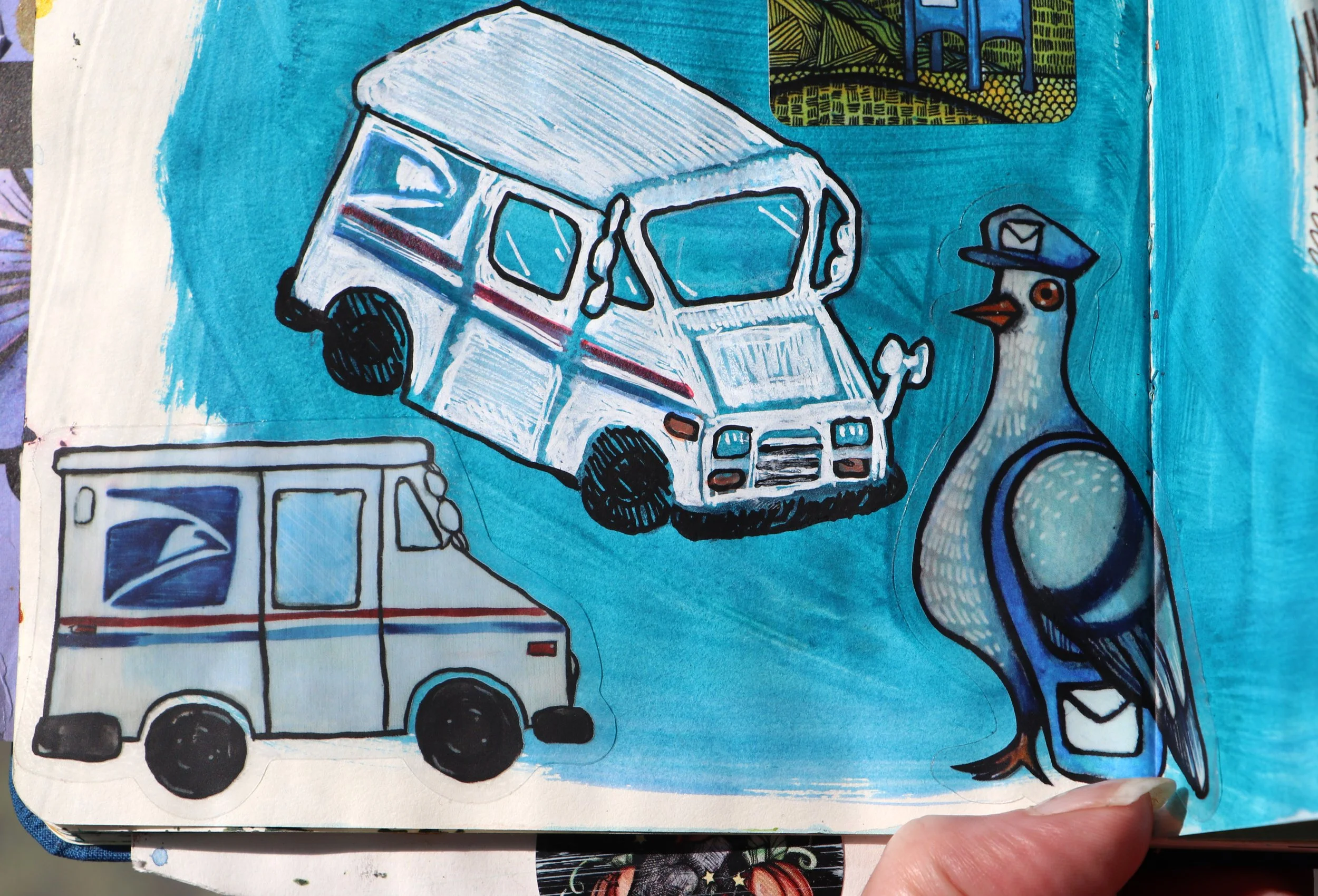 Colorful illustration of a white delivery truck and a blue mailbox with a letter inside, set against a bright blue background.