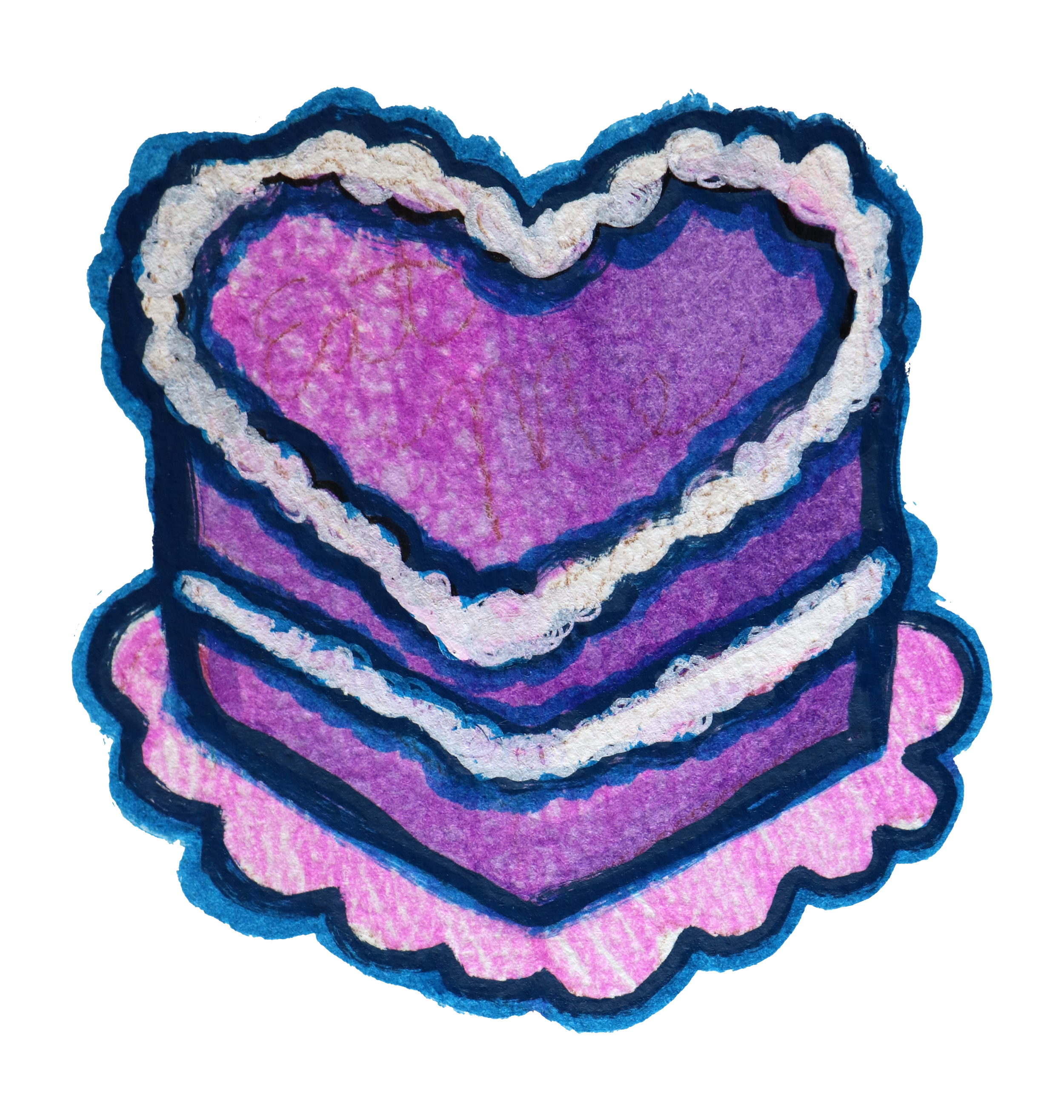 A purple heart shape with multiple layers, outlined in white, pink, and dark blue, on a scalloped pink background.