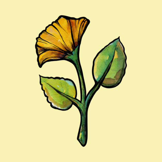 A watercolor illustration of a flower with yellow petals and green leaves on a light yellow background.